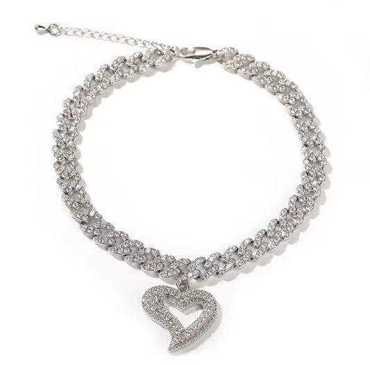 Iced Out Cuban Link Heart Anklet – Silver Hip Hop Bling Jewelry for Women | NY-ICE