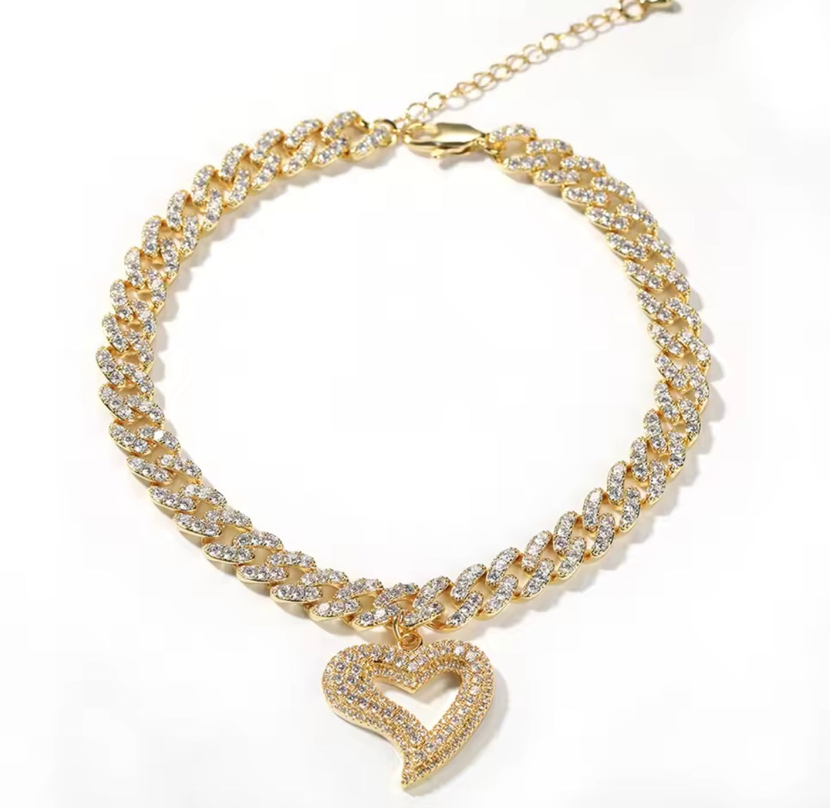 Iced Out Cuban Link Heart Anklet – Silver Hip Hop Bling Jewelry for Women | NY-ICE