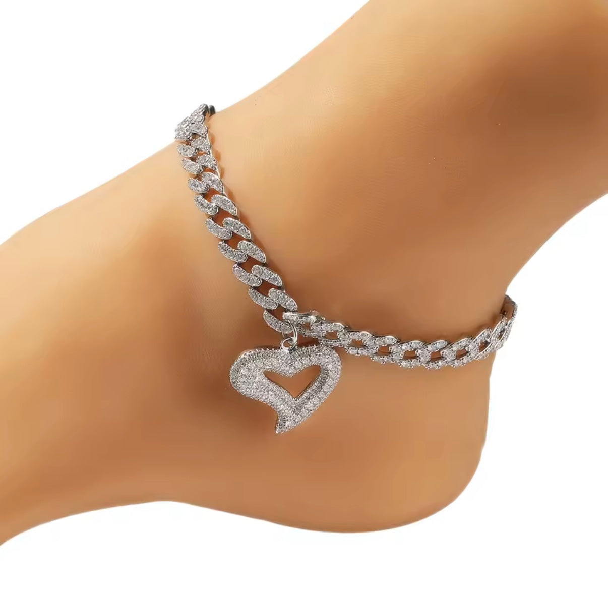 Iced Out Cuban Link Heart Anklet – Silver Hip Hop Bling Jewelry for Women | NY-ICE