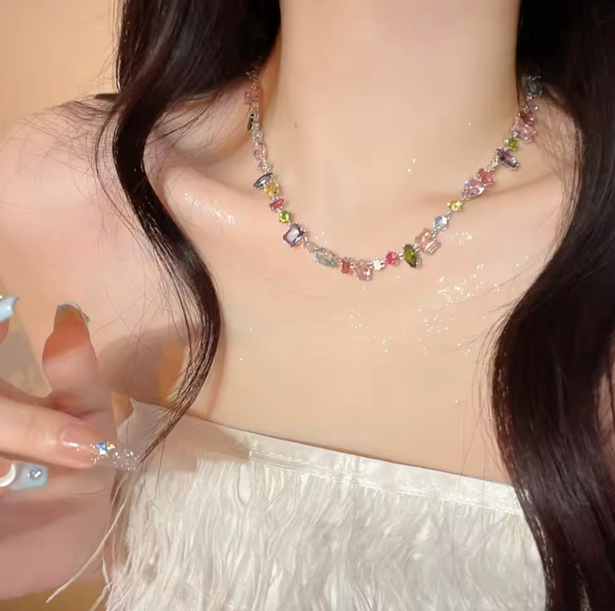 Rainbow CZ Tennis Necklace – Multicolor Gemstone Choker for Women | NY-ICE